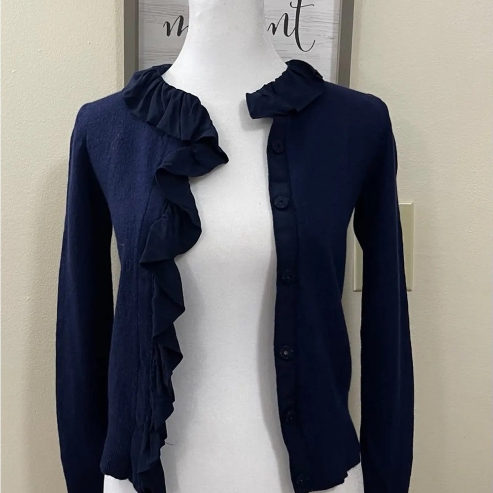 Navy Ruffle Trim Cardigan Sweater - Picture 2 of 3